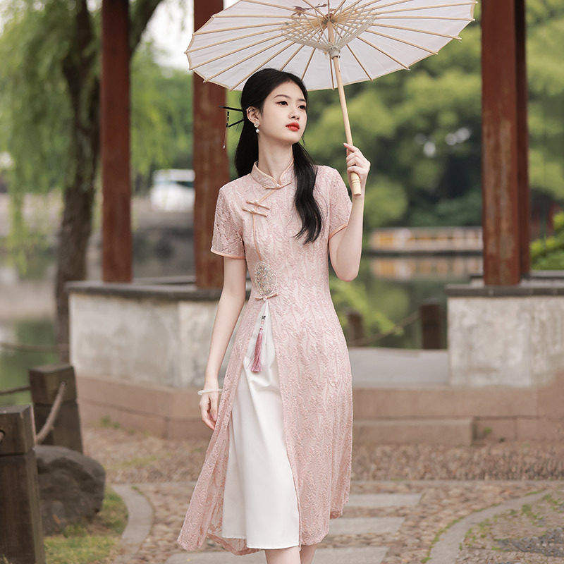 2026新款粉色蕾丝奥黛国风新中式旗袍改良年轻款女感小个子连