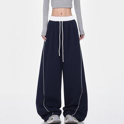 KEN STUDIO春夏蓝色抽绳休闲运动裤女宽松显瘦百搭阔腿拖地裤裤子