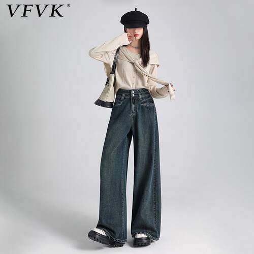 vfvk夏天牛仔裤女夏薄款加长2025新款设计感裤子女双扣高腰阔腿裤