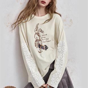 妖精的口袋蕾丝拼接印花长袖t恤女2025年早秋新款设计感休闲上衣