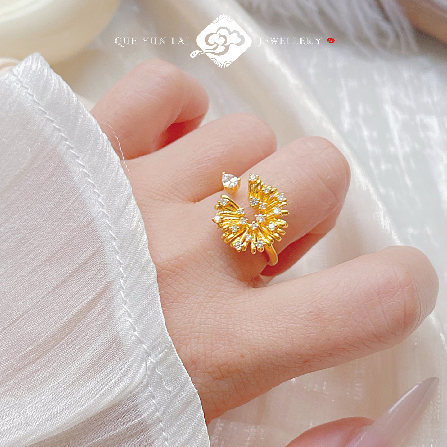 雀云来古法黄金戒指女款999足金点钻食指戒雏菊花个性设计师款