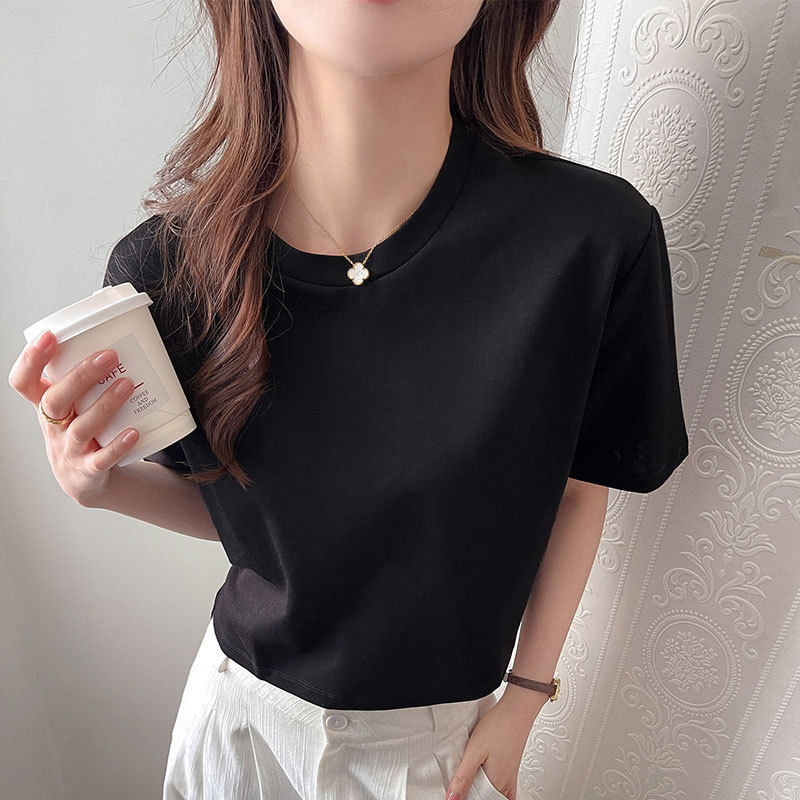 纯色正肩小圆领短袖t恤女辣妹宽松短款五分袖百搭显瘦打底衫上衣