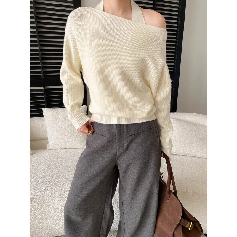 早春新款 法式温柔风挂脖背心一字肩宽松针织衫套装 SN8564