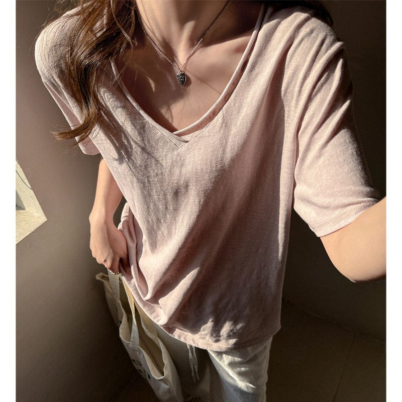 慵懒风落肩袖V领设计感短袖t恤女士韩系高级感宽松打底衫夏季薄款