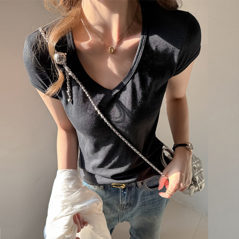 V领韩版懒人棉拼接贴布设计感正肩短袖t恤女内搭修身显瘦打底上衣