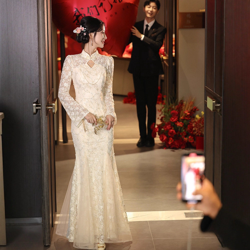2026新款新中式旗袍敬酒服新娘订婚礼服裙鱼尾结婚宴会感长袖