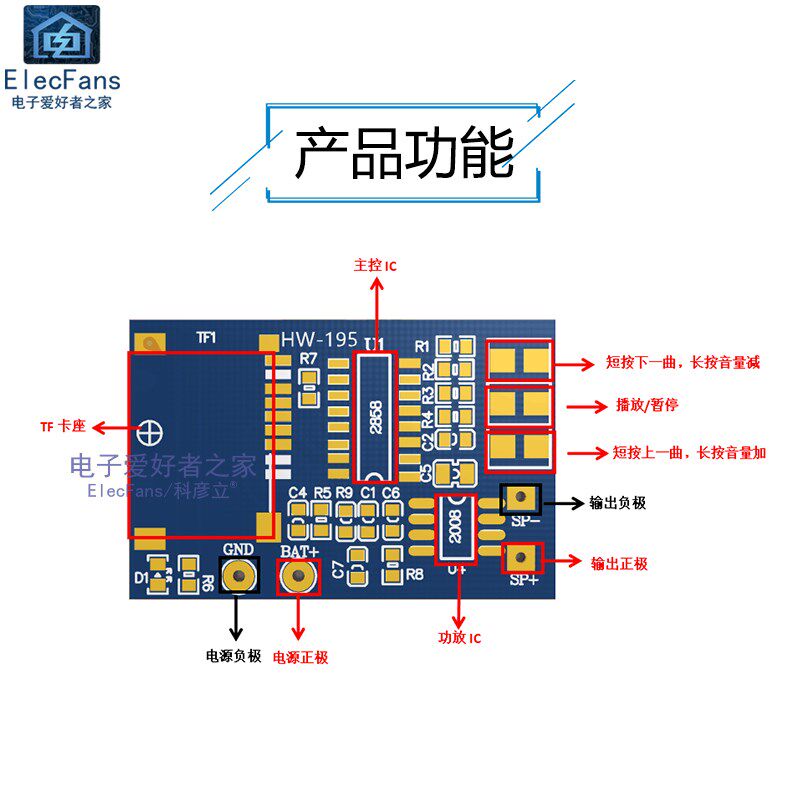 TF卡 MP3解码板模块 3.7V-5V供电 带2W混合单声道记忆功放播放器
