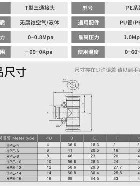 特价供应高品质气动元件气动三通快速接头HPE4/6/8/10/12/16mm