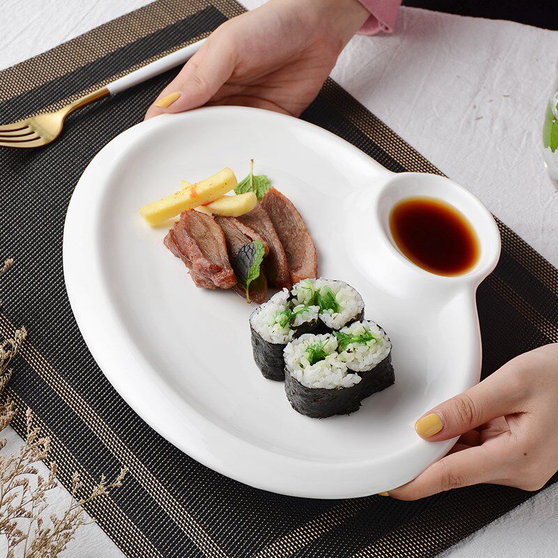 日式陶瓷带醋碟饺子盘寿司盘平盘家用鱼盘小吃盘薯条盘子虾盘大号