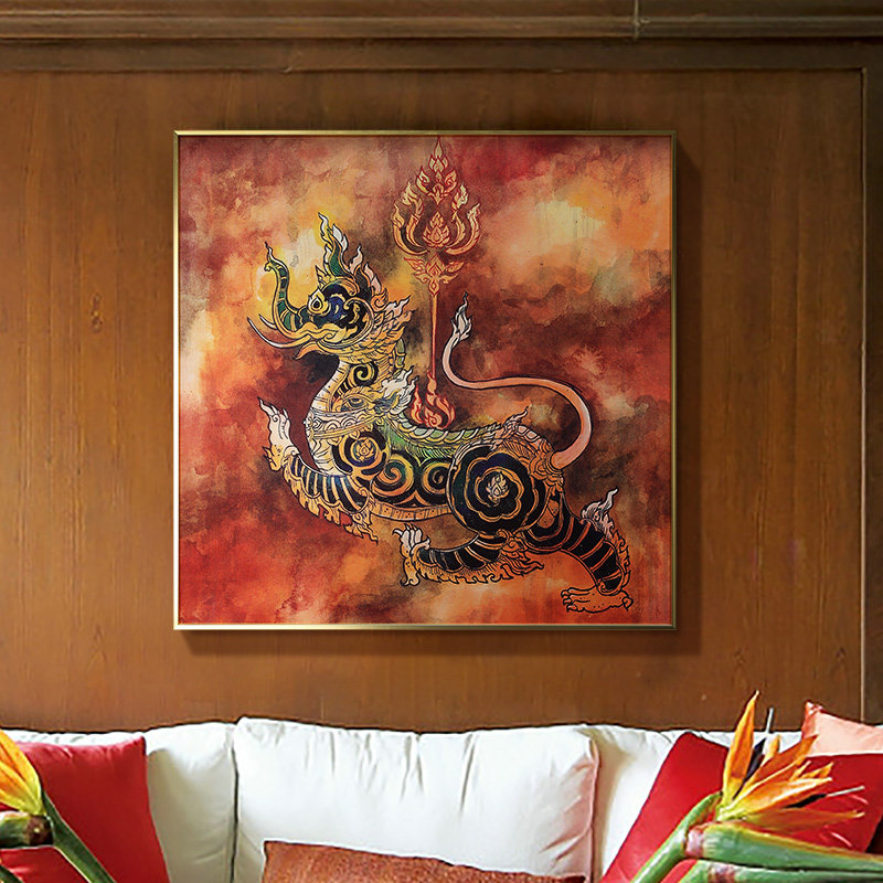 异丽东南亚风格高清喷绘油画玄关客厅神狮装饰画餐厅装饰挂画墙画