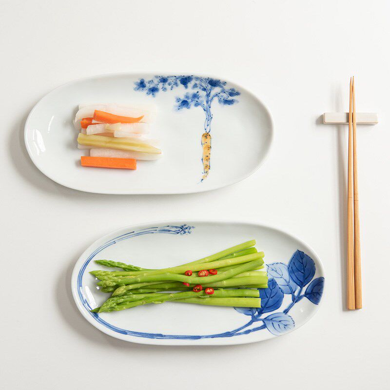 日本进口有田烧青花胡萝卜陶瓷小碗带柄汤碗椭圆盘餐盘菜盘意面盘