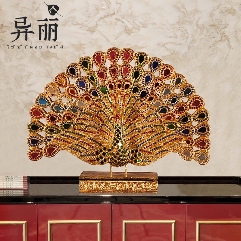 东南亚泰式家居客厅玄关电视柜创意装饰品摆设孔雀开屏摆件工艺品