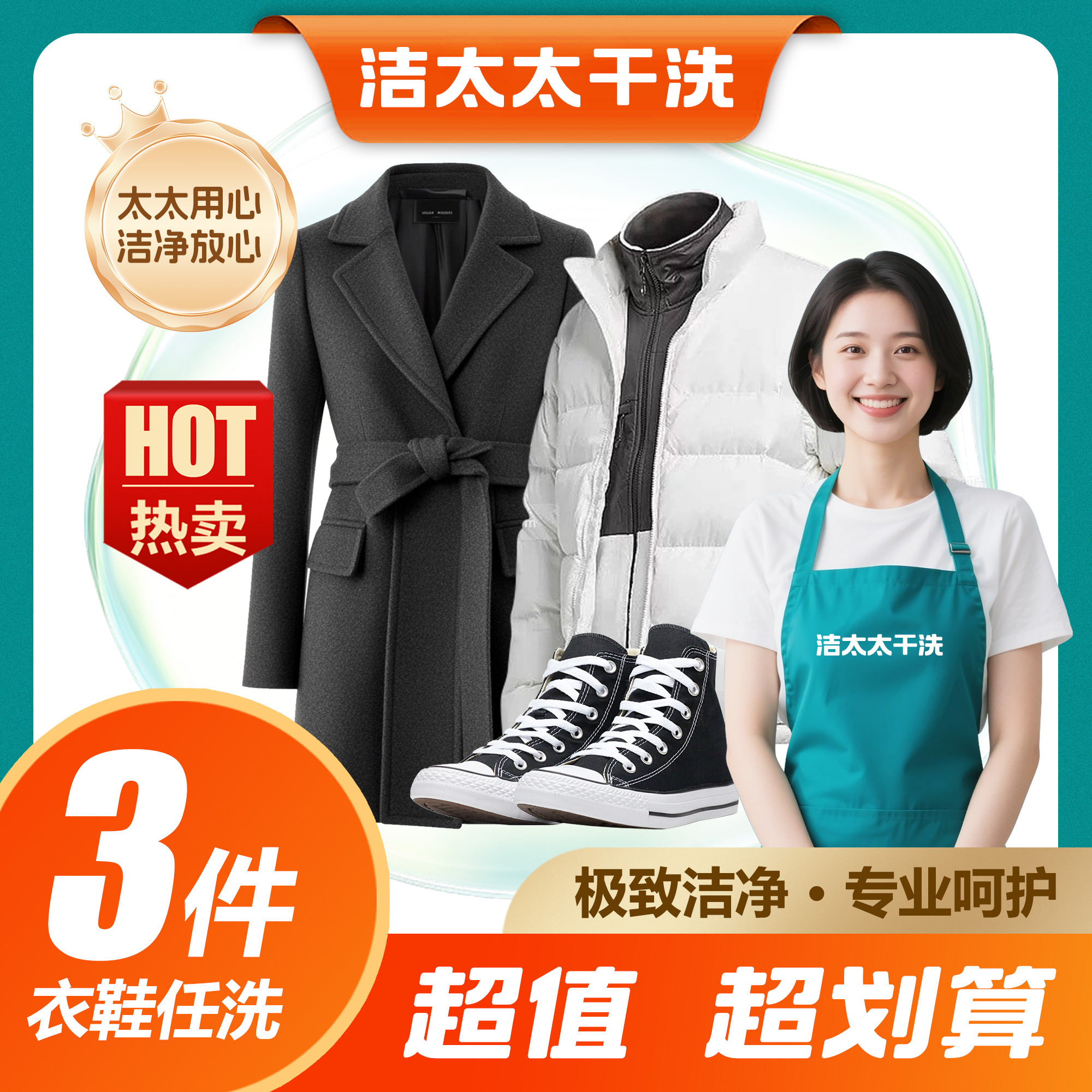 洁太太洗衣洗鞋3件任洗羽绒服大衣洗护包邮送洗干洗服务上门取件