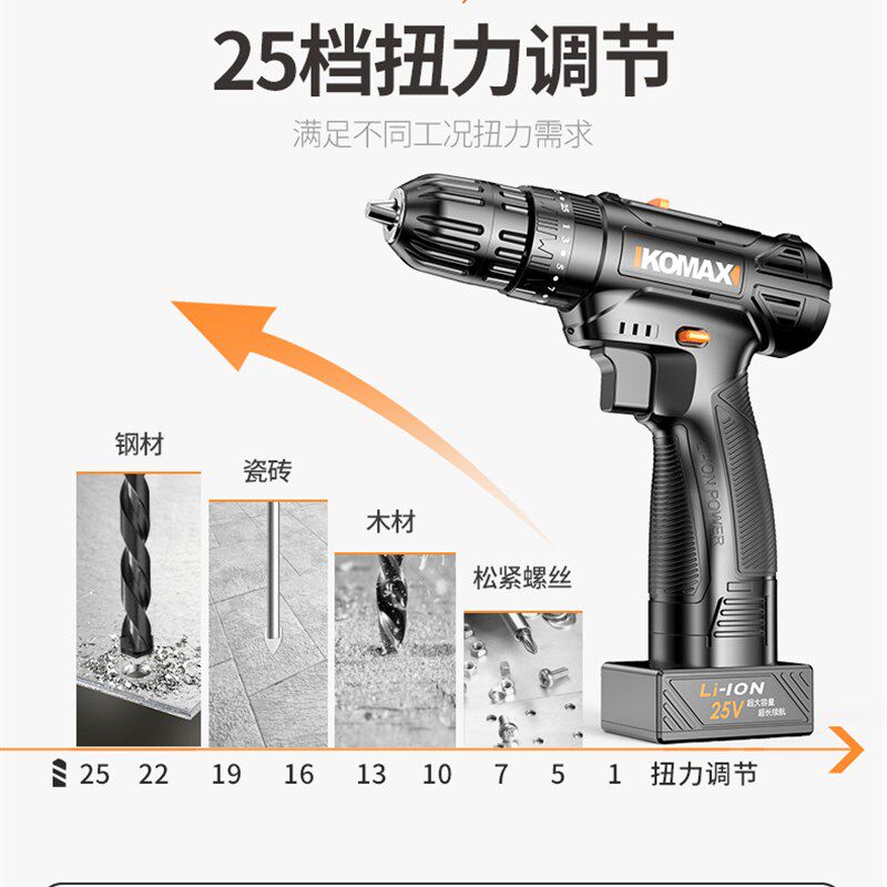 德国KOMAX锂电充钻充电式手电钻家用小型多功能电动螺丝刀25v手钻