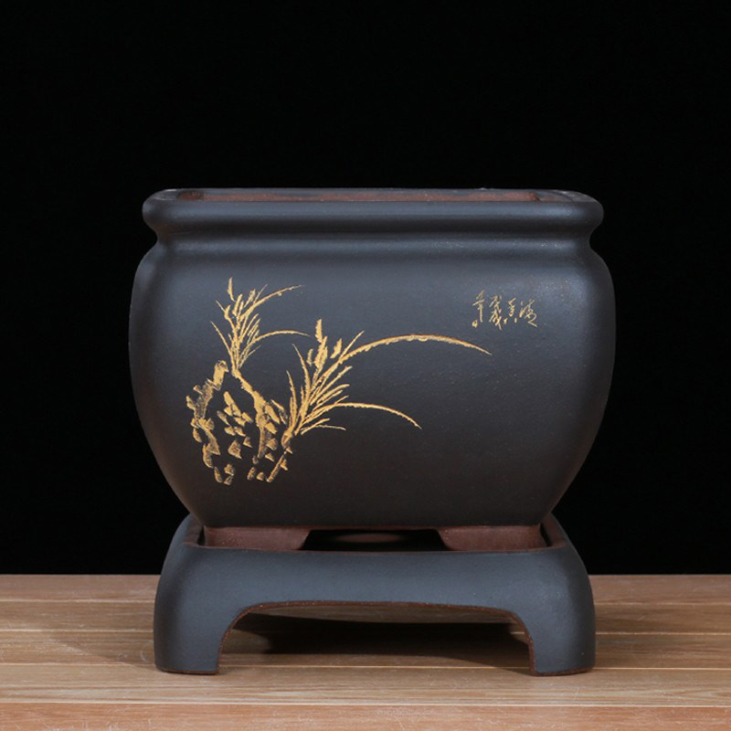 花盆 陶瓷 君子兰精品紫砂花盆 兰花盆 吊兰花盆四方盆景盆送托盘