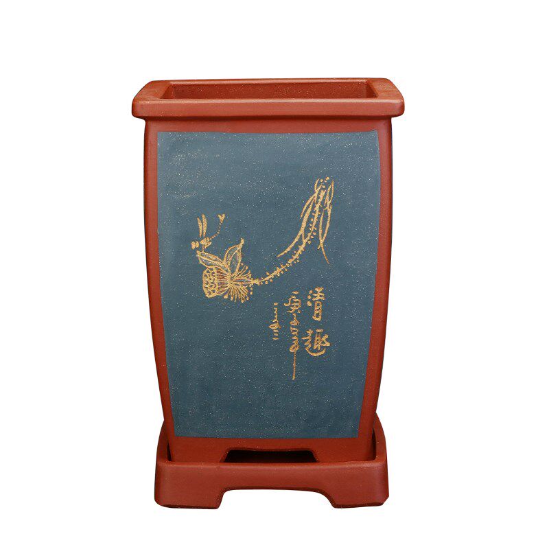 宜兴原矿紫砂兰花专用盆精美四方手工刻绘透气绿萝君子兰盆景花盆