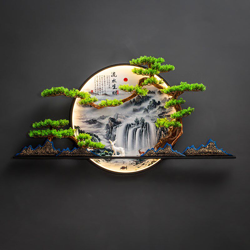 新中式装饰画壁挂立体迎客松玄关挂画晶瓷画沙发背景墙餐厅墙装饰