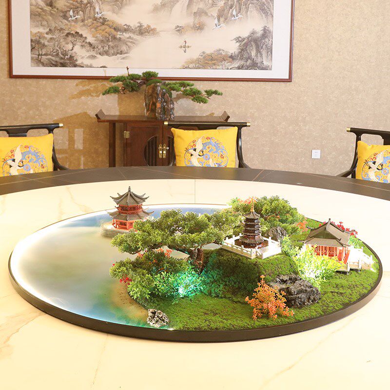 山东青岛栈桥海洋大圆桌转盘摆花饭店餐厅景观灯光装饰雾化摆件