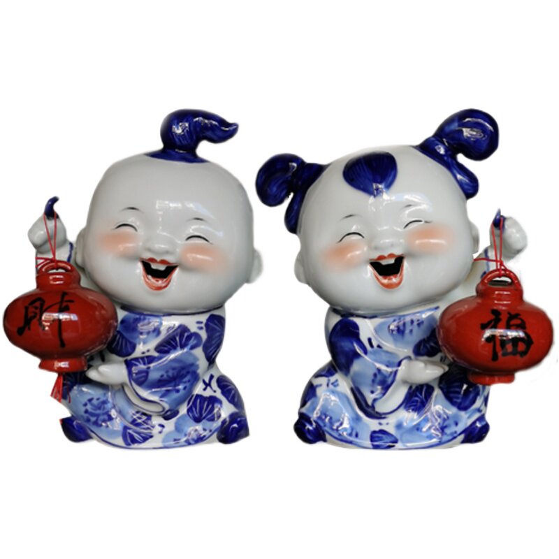 陶瓷摆件中式创意摆设结婚送礼雕塑可爱手绘青花陶瓷娃娃家居装饰