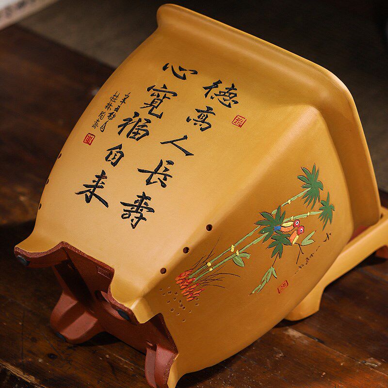 宜兴紫砂兰花盆手工四方盆有托盘盆景盆创意古典精品陶瓷悬崖盆栽
