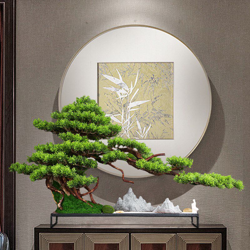 仿真迎客松盆景花架摆件饰品新中式客厅桌面植物假盆栽样板间软装