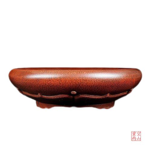 宜兴紫砂花盆 绿植花卉盆景室内 全手工仿古30公分圆形鼓丁古红