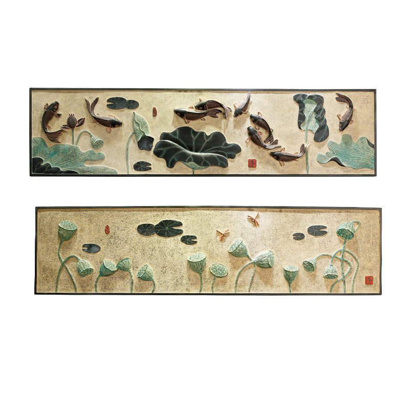 中式树脂挂件酒店大厅墙壁装饰壁画沙发背景墙有边框装饰品九鱼图