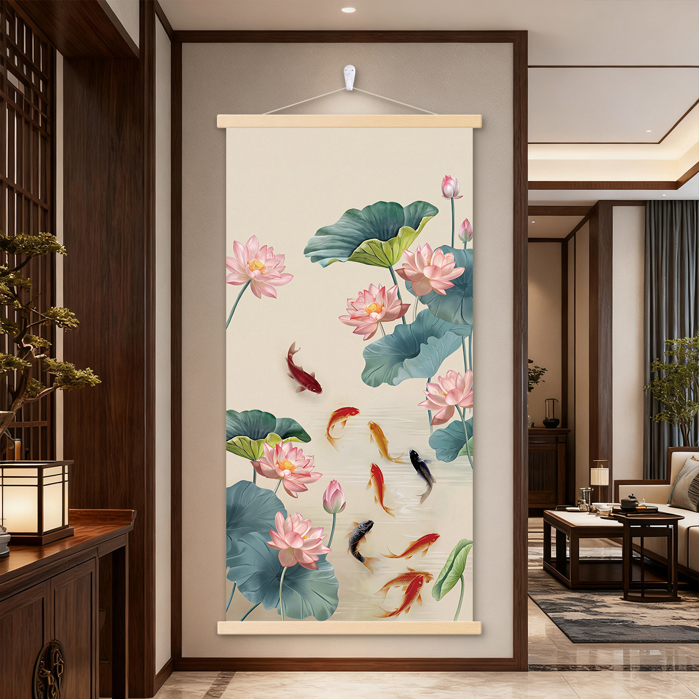 新中式九鱼荷花锦鲤聚财装饰画