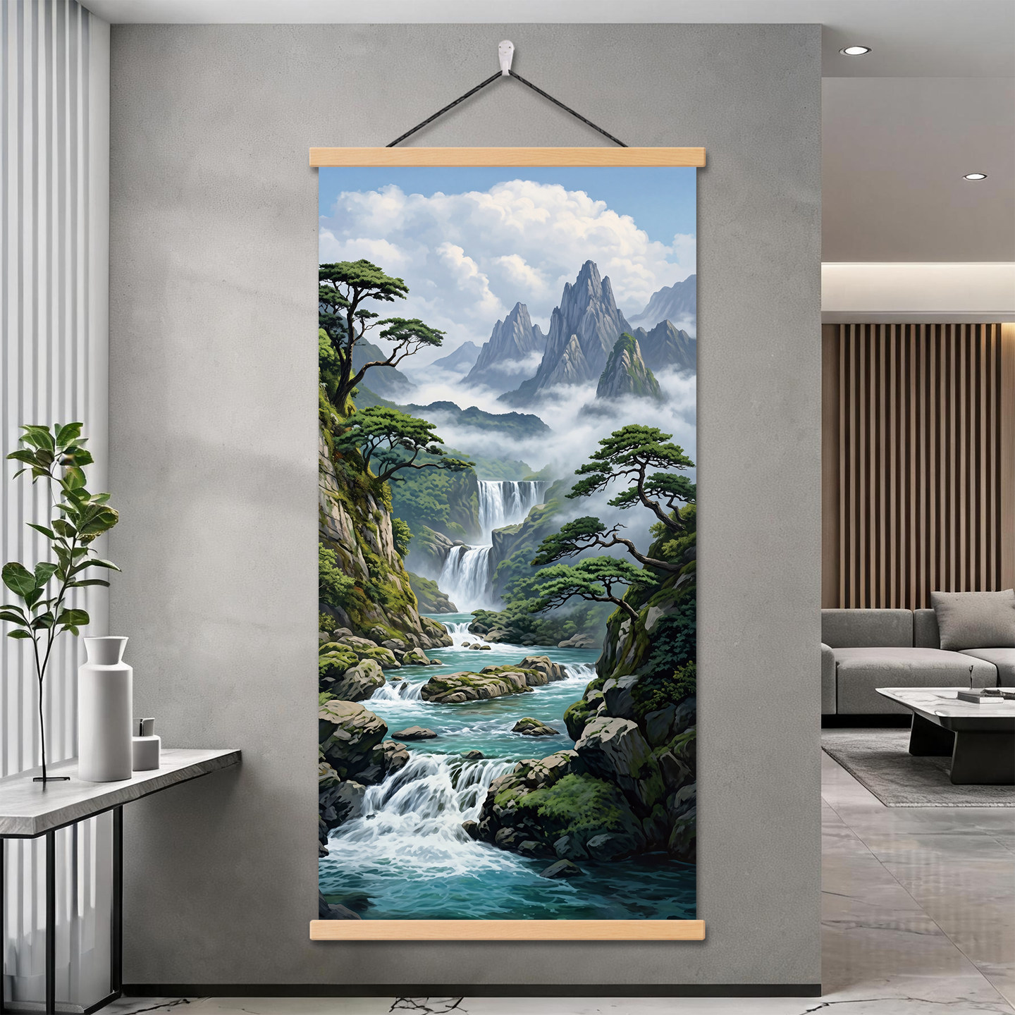 新中式山水风景装饰画入户玄关挂画客厅卧室流水生财极简风墙壁画