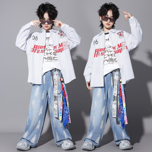 2026新款儿童街舞演出服男女童嘻哈hiphop少儿帅衬衫套装潮