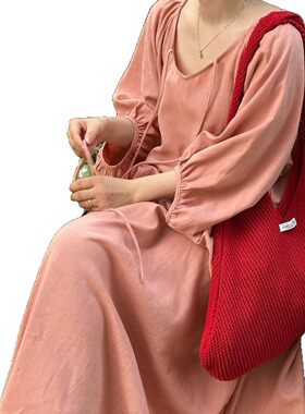 2026新款娜美服饰春季麻料度假风宽松纯色插肩八分袖绑带连衣裙长