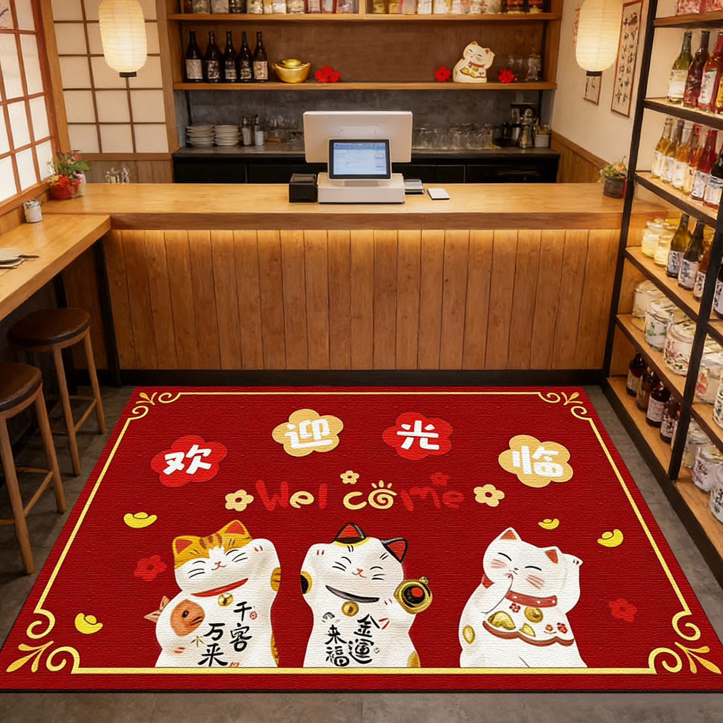 招财猫水晶绒店铺门口地垫
