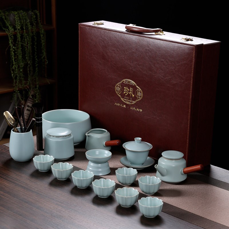 天青汝窑功夫茶具套装家用泡茶壶盖碗茶杯可养开片瓷器高档礼盒装