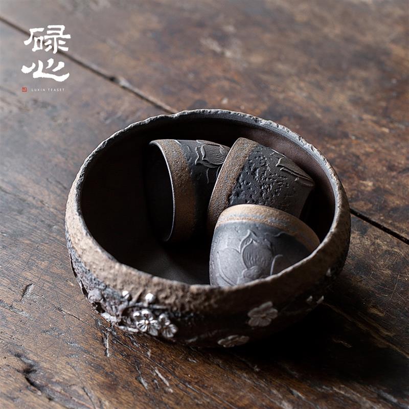 碌心  中式粗陶茶洗 复古鎏金铁釉银梅杯洗 家用办公功夫茶道配件