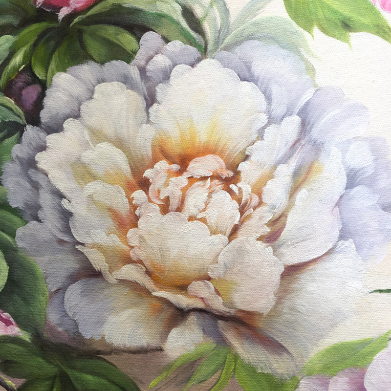 纯手绘油画新中式牡丹花圆形玄关简约客厅现代花卉餐厅挂画装饰画