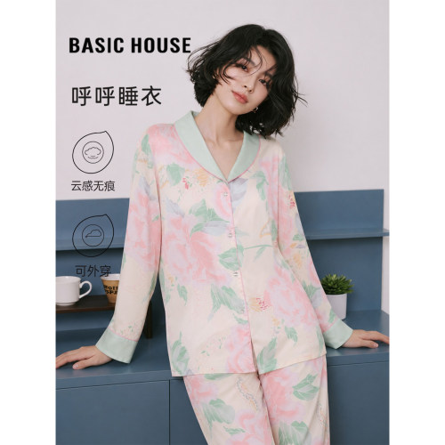 百家好粉色冰丝缎面长袖睡衣女