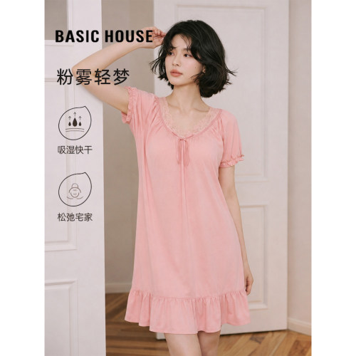 百家好高级感蕾丝V领短袖睡裙女