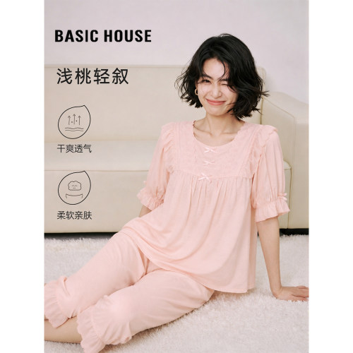 百家好粉色蕾丝边泡泡袖睡衣套装