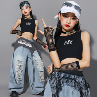 2026新款女童jazz爵士舞演出服少儿练功服牛仔裤子儿童街舞服