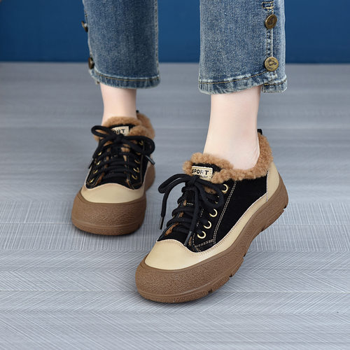 2026新款真皮复古厚底拼色单鞋女春秋季圆头系带软底大码休闲鞋高