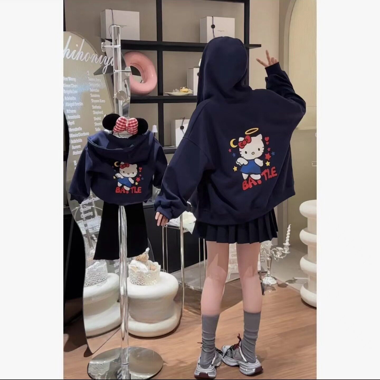 2026新款亲子装秋季韩版甜美Kitty猫印花可爱风母女款套装高