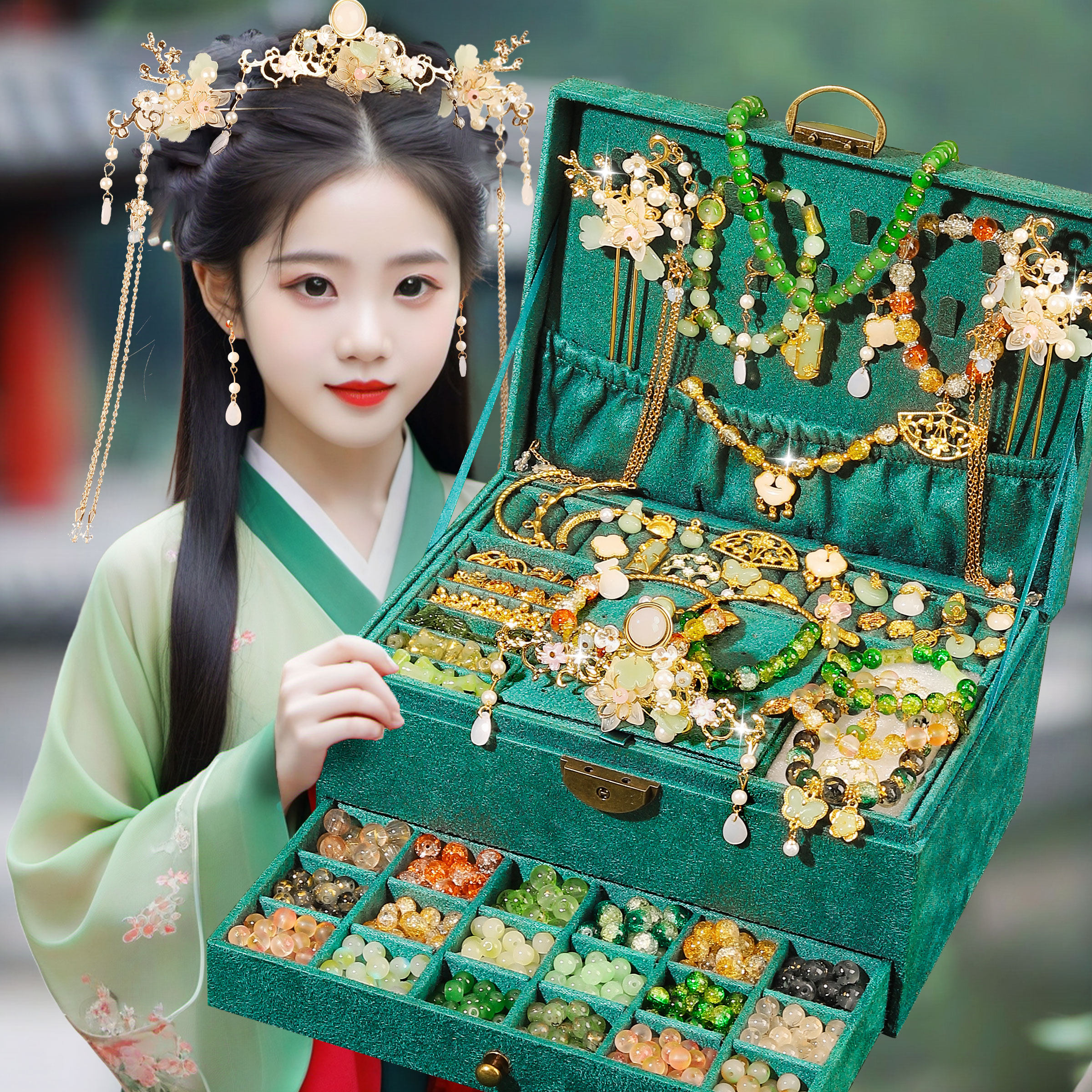 女孩生日礼物推荐 古风琉璃串珠礼盒 儿童创意DIY礼物 串珠发饰组