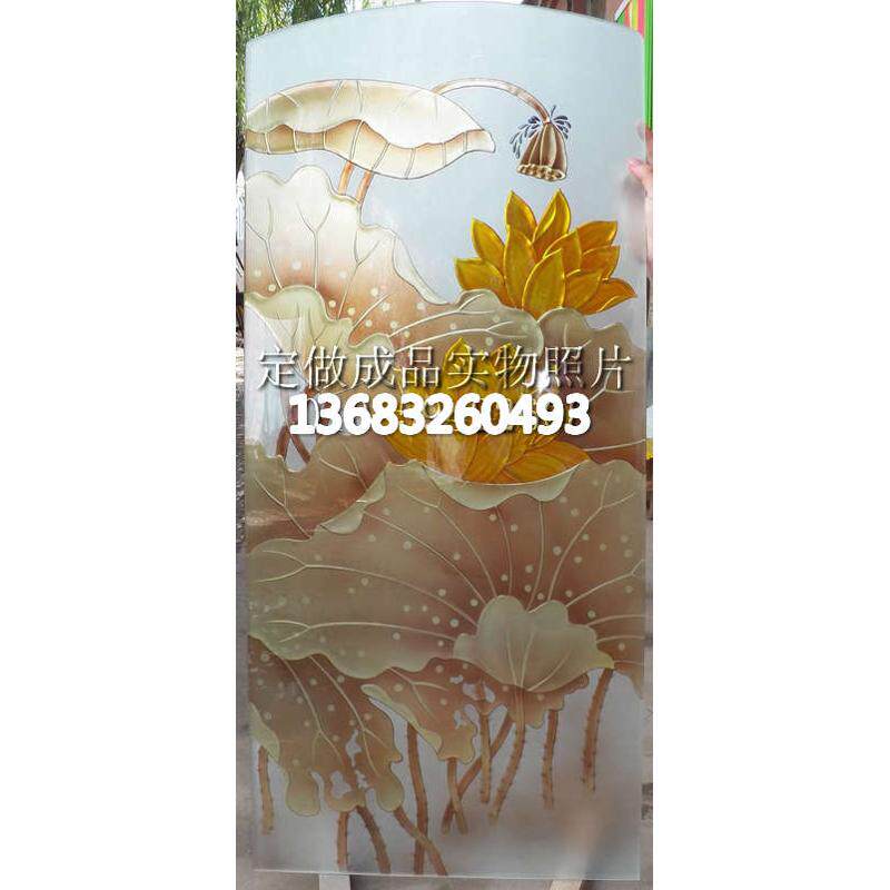 钢化雕刻工艺术玻璃隔断金黄双面屏风画墙门玄关荷背景墙芯玉
