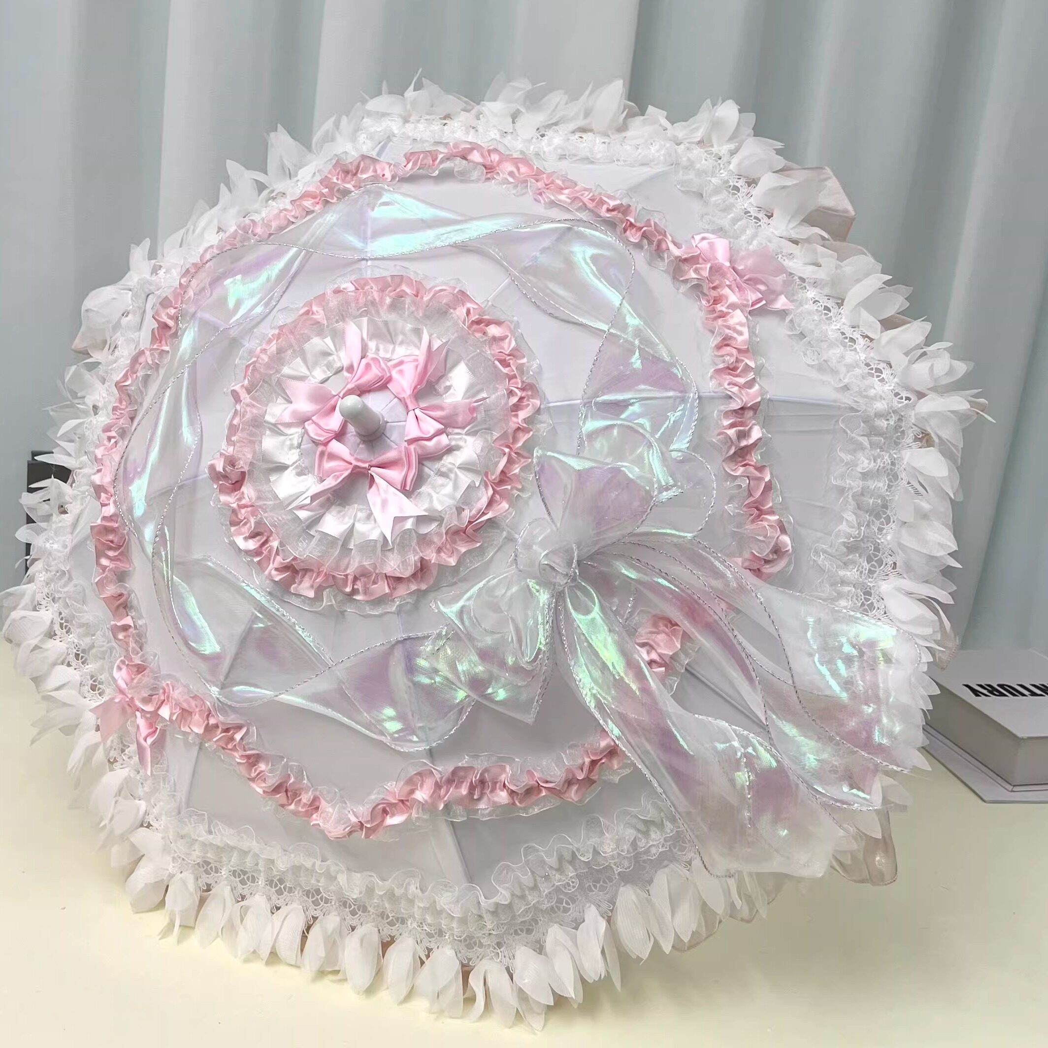手工lolita伞材料包 仙气粉白洛丽塔公主伞 花嫁拍照道具lo娘手作图片