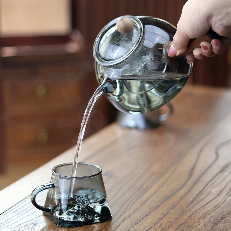 高颜值憨厚短嘴泡茶壶实木侧把蒸煮两用壶电陶炉煮茶壶耐热玻璃壶