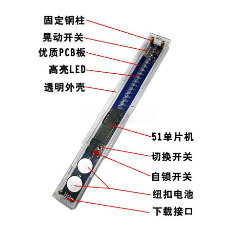 16位LED摇摇棒套件 stc89c52 51单晶片电子制作 源程序 透明外壳