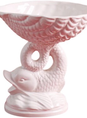 出口欧洲白色陶瓷浮雕立体鲤鱼跳龙门创意果盘/高脚托盘摆件