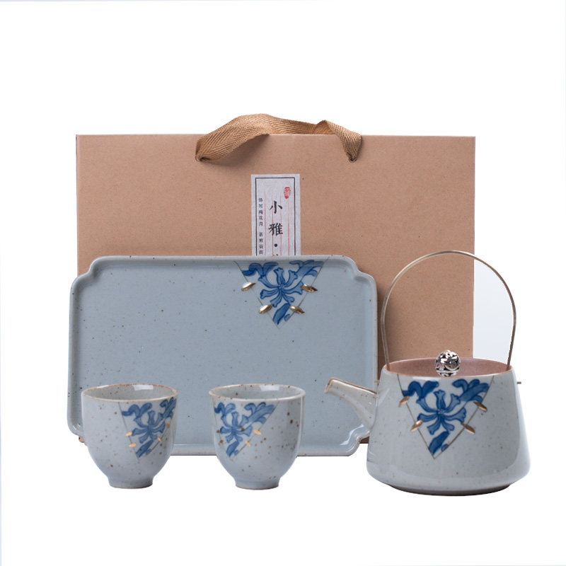 小雅 仿古干泡一壶两杯茶具套装 金缮青花提梁壶功夫茶具陶瓷礼品