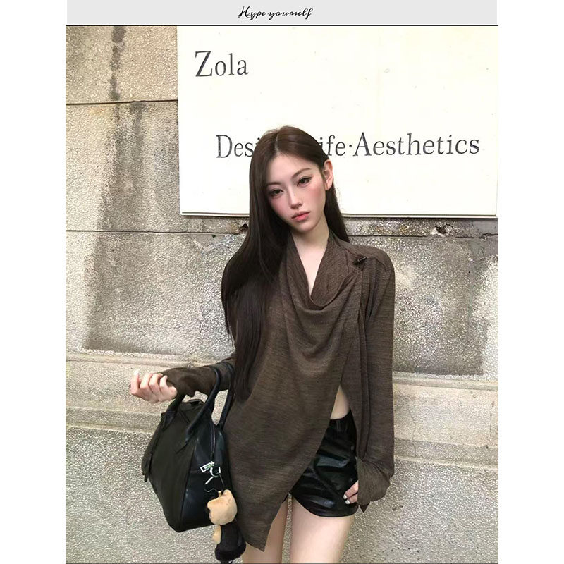 美式复古打褶堆积感防晒罩衫长袖男女夏季薄款老钱风百搭打底T恤