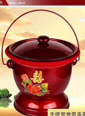 婚庆用品铁痰盂子孙桶红色高脚痰盂红色搪瓷带盖夜壶尿壶结婚陪嫁